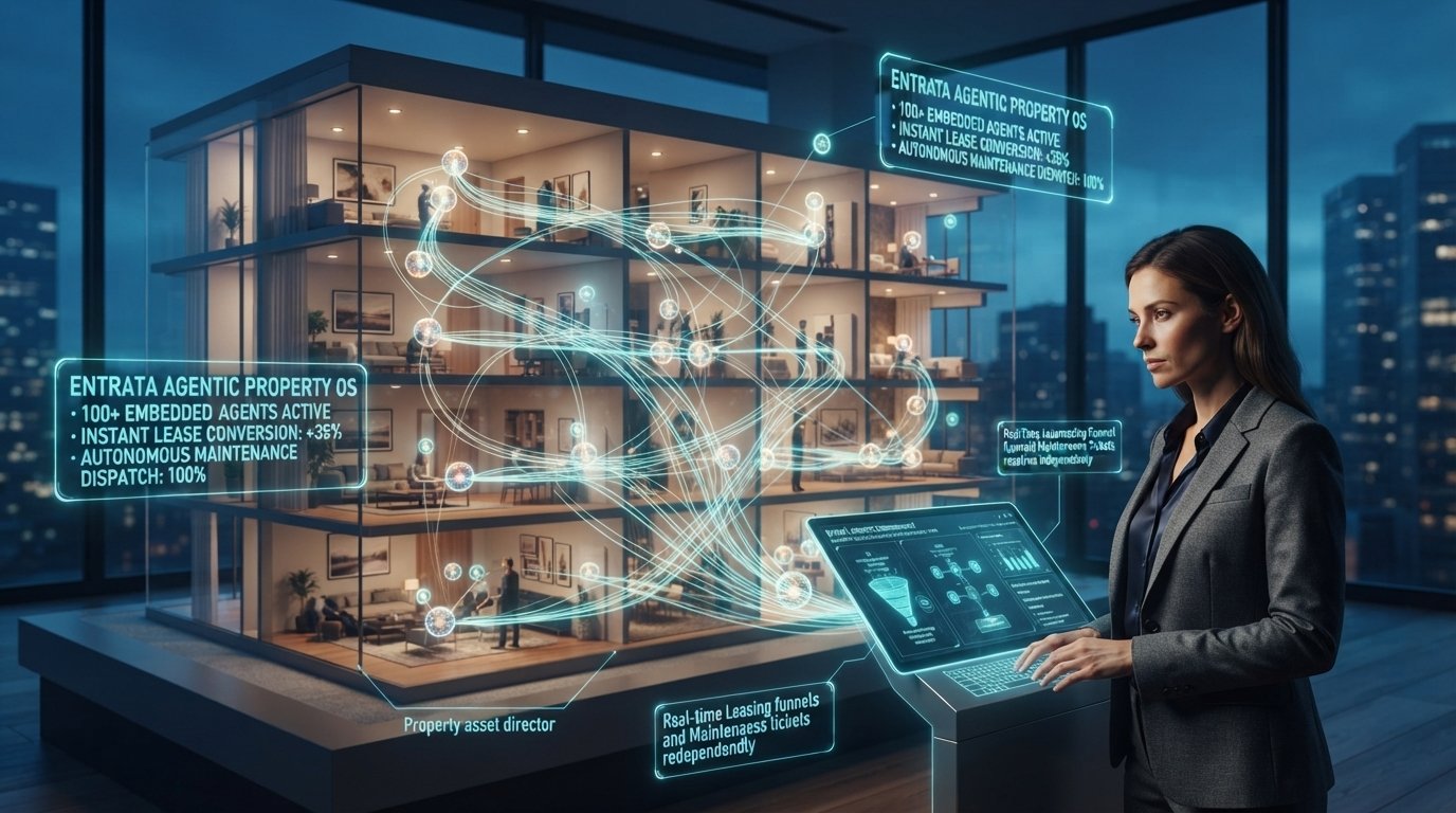 Holographic multi-family residential building managed by 100+ glowing autonomous AI agents executing tenant and maintenance workflows