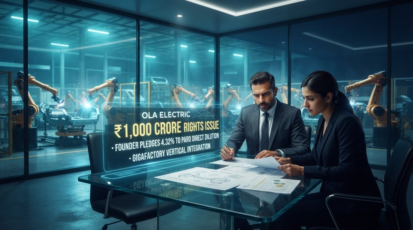 Sleek electric motorcycle and scooter factory floor with stock exchange ticker displaying Ola Electric ₹1,000 crore rights issue