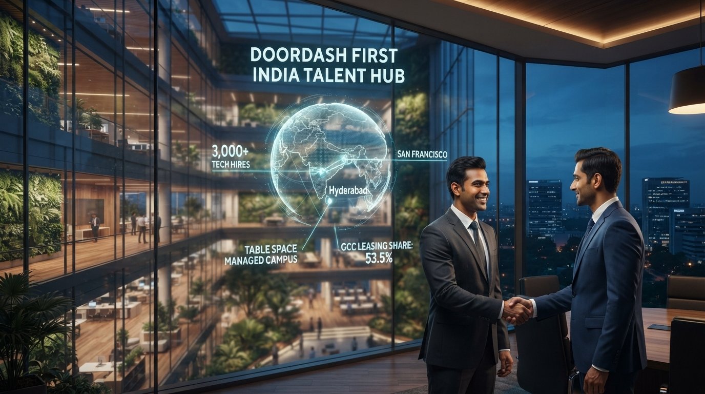 Modern luxury enterprise managed tech campus in Hyderabad HITEC City with glowing holographic GCC data networks