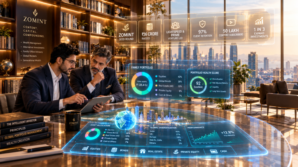 Modern private wealth management studio showing Zomint seed round metrics and holographic family portfolio advisory interfaces