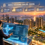 Architectural luxury residential skyline showing Knight Frank India housing sales 2026 analytics across top eight cities