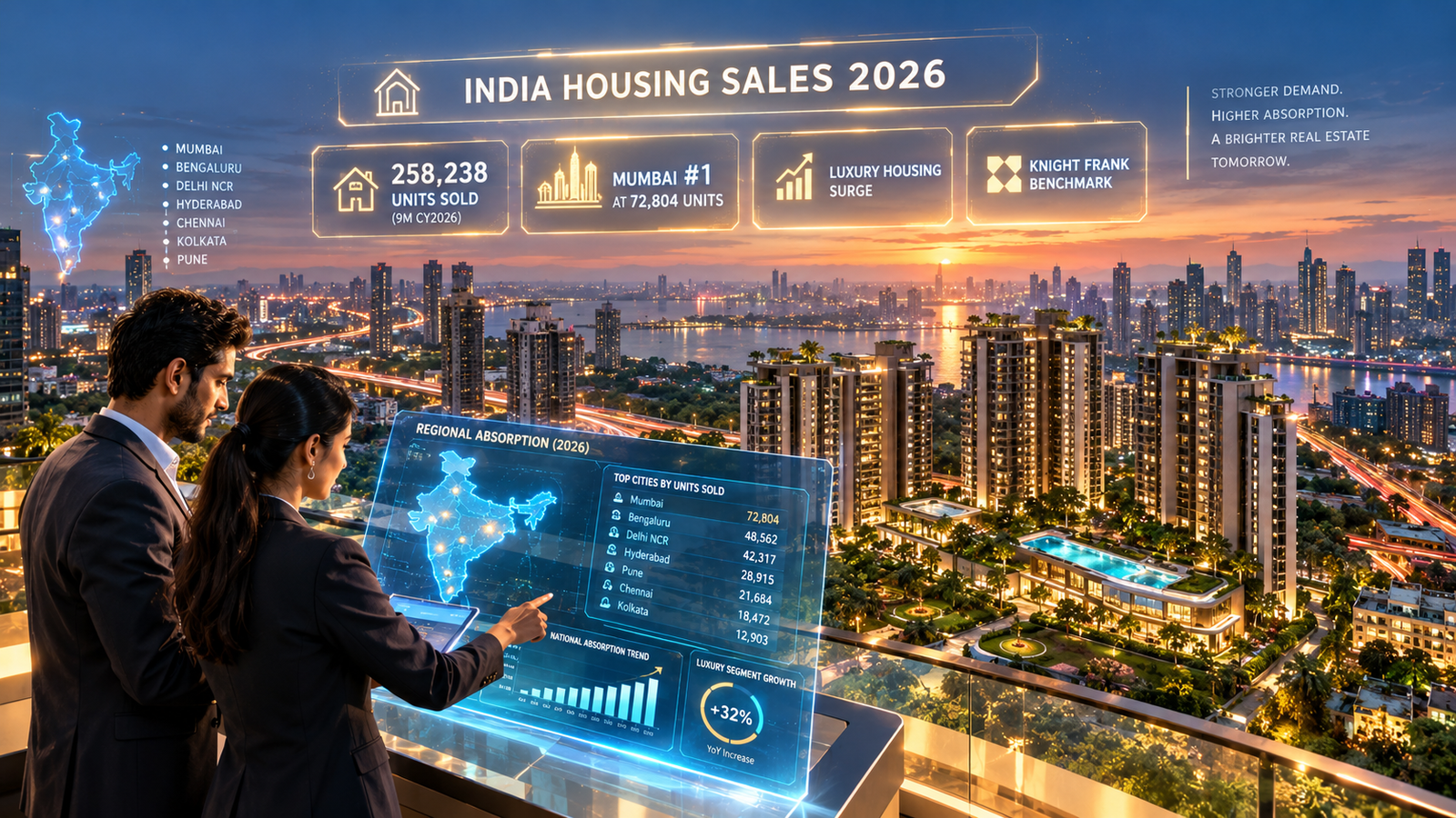 Architectural luxury residential skyline showing Knight Frank India housing sales 2026 analytics across top eight cities