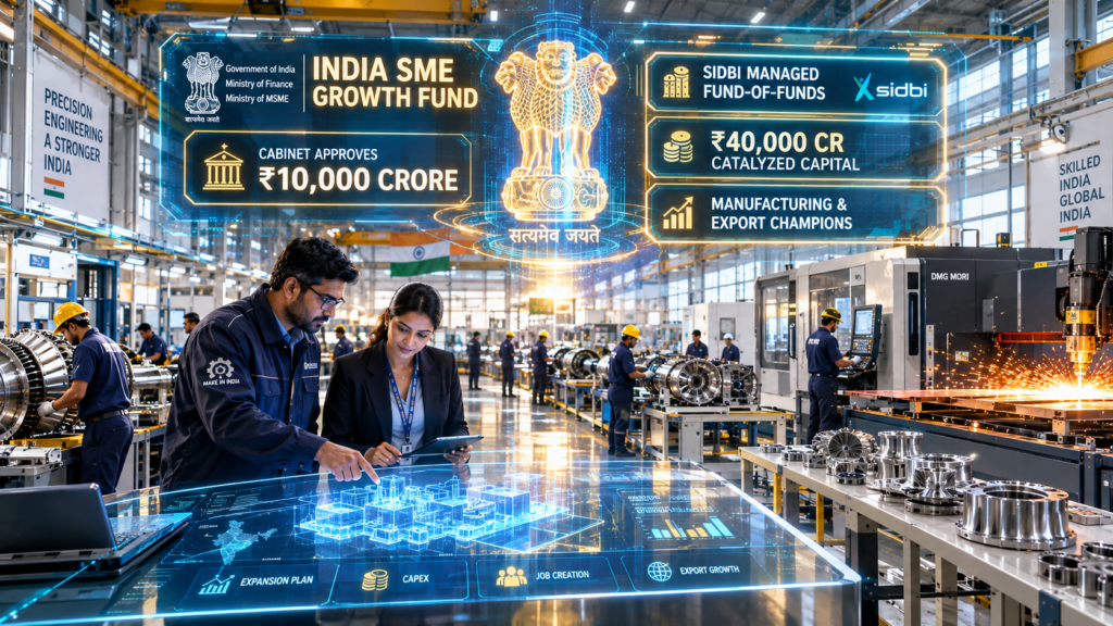 High-precision industrial manufacturing facility showing India SME growth fund holographic metrics and Ashoka emblem