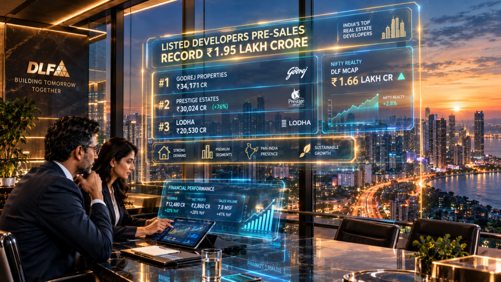 Luxurious corporate real estate boardroom displaying listed developers pre-sales leaderboard led by Godrej Properties and Prestige Estates