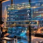Luxurious corporate real estate boardroom displaying listed developers pre-sales leaderboard led by Godrej Properties and Prestige Estates