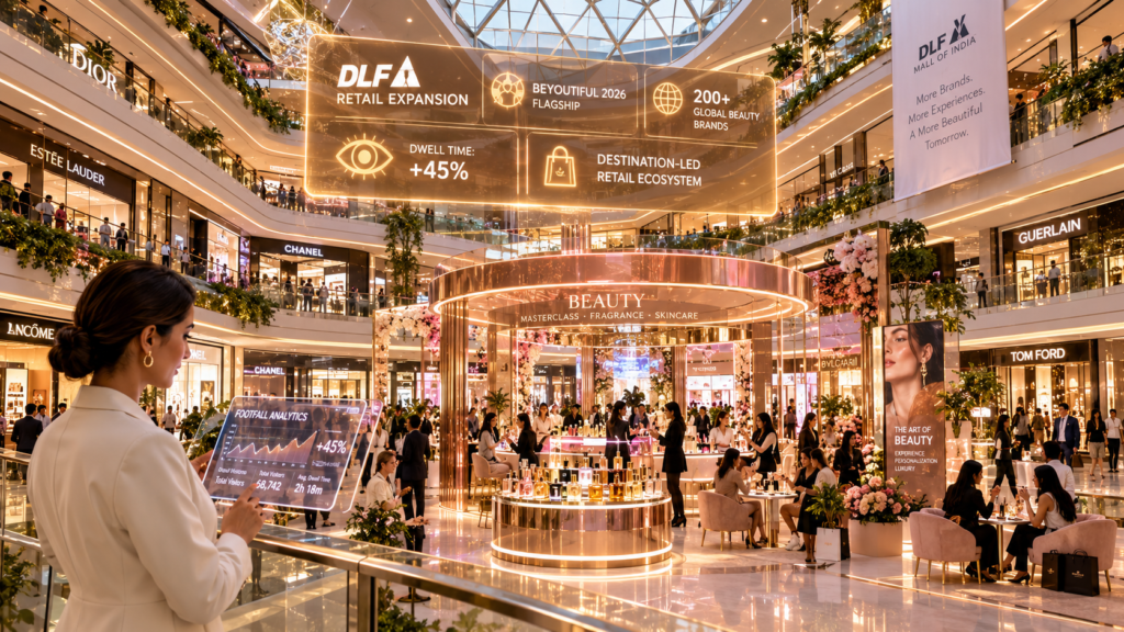 Majestic luxury shopping mall atrium showing the DLF retail expansion with experiential beauty pavilions and glowing retail footfall analytics