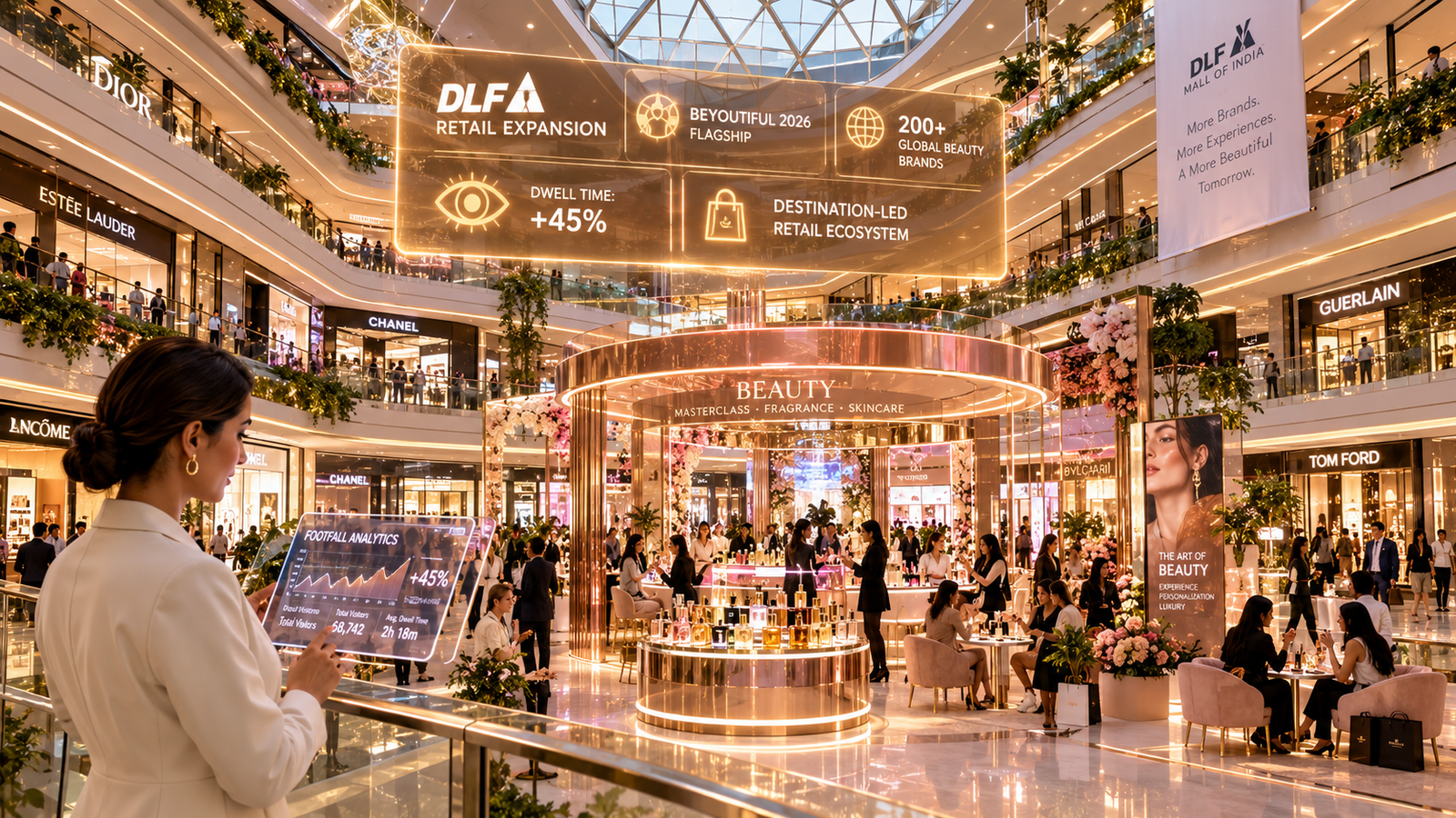 Majestic luxury shopping mall atrium showing the DLF retail expansion with experiential beauty pavilions and glowing retail footfall analytics