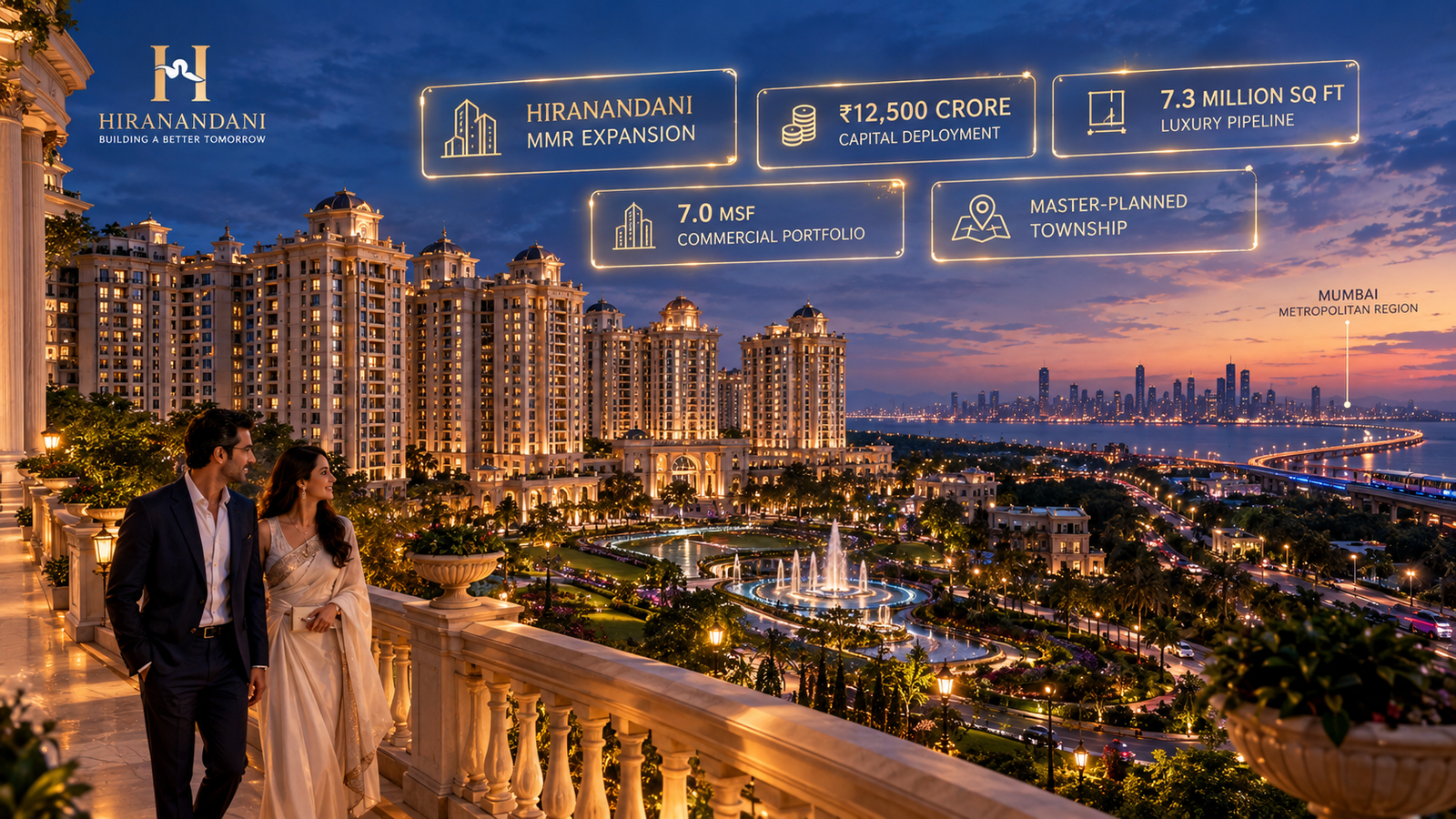 Neoclassical luxury residential towers showing Hiranandani MMR expansion metrics overlooking Mumbai at dusk