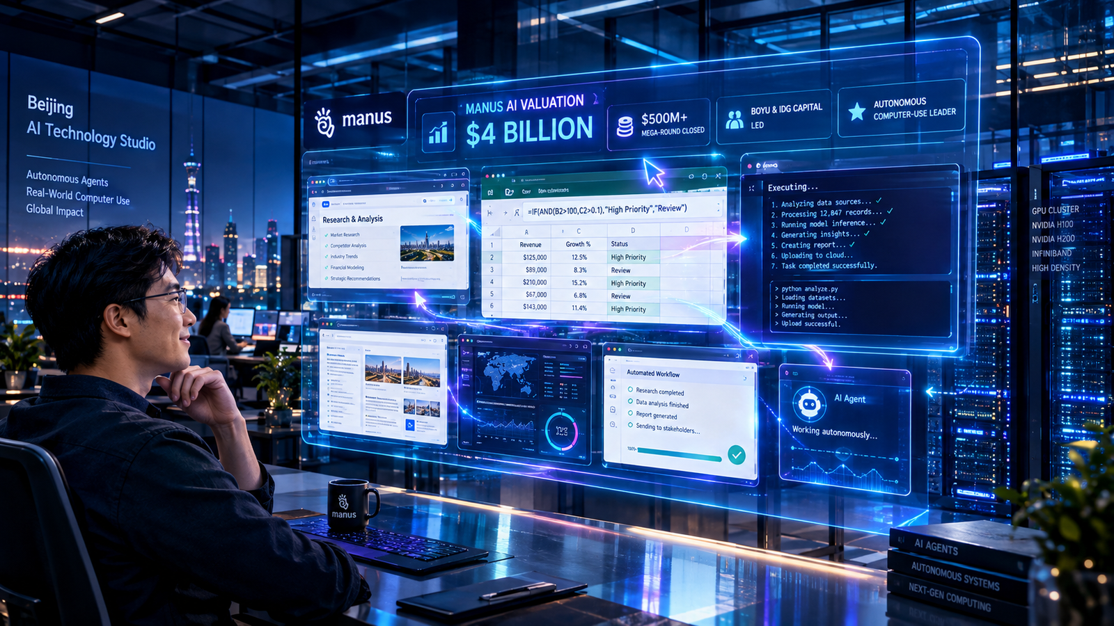 Holographic digital desktop showing Manus AI autonomous software agents executing cross-platform workflows at a $4B valuation
