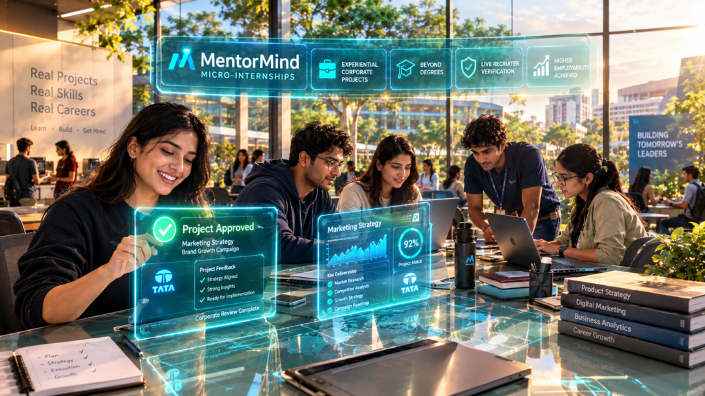 Young ambitious Indian students working on interactive digital workplace projects powered by MentorMind micro-internships