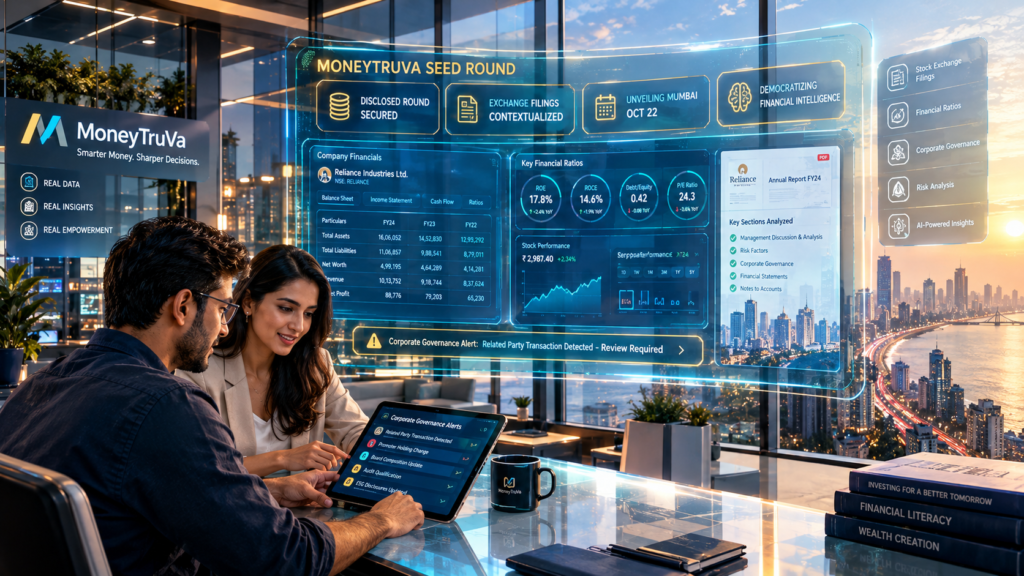 Modern financial analyst terminal displaying structured market filings and research metrics powered by the MoneyTruVa seed round