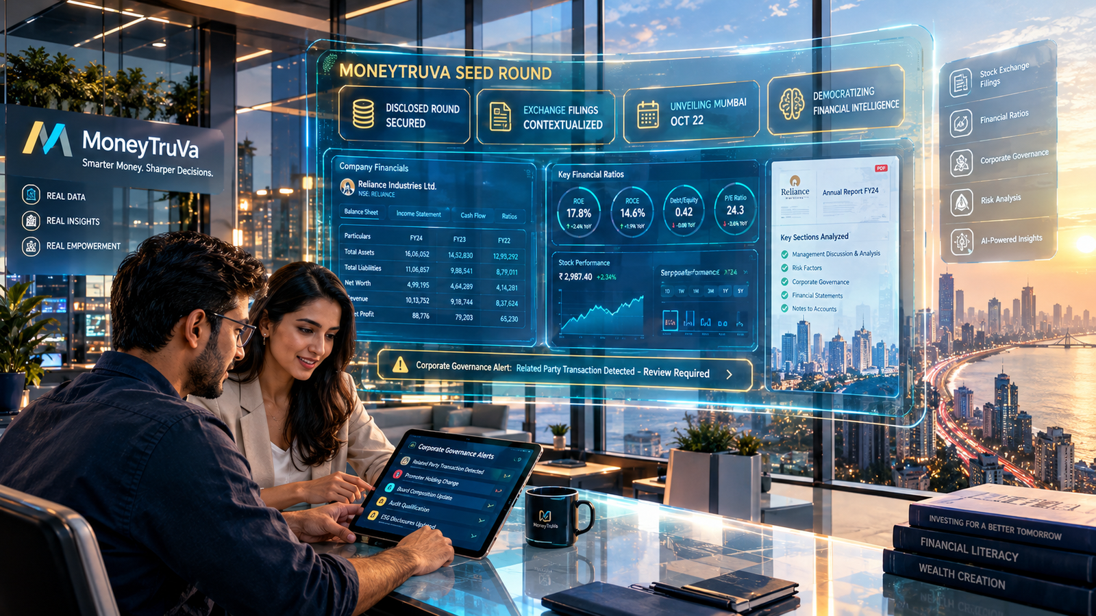 Modern financial analyst terminal displaying structured market filings and research metrics powered by the MoneyTruVa seed round