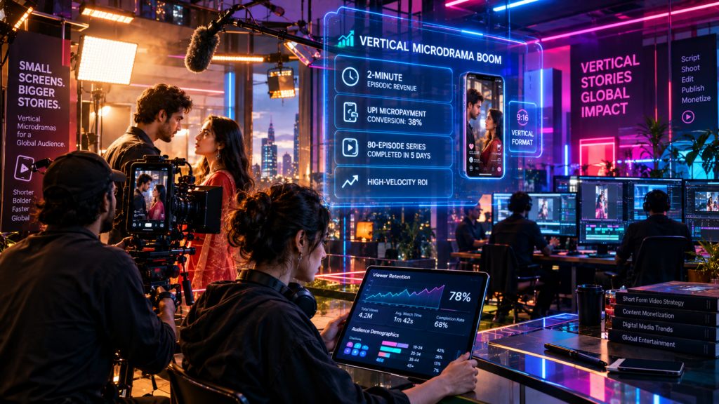High-energy film set filming a 9:16 vertical drama on high-end cinema cameras with holographic audience microtransaction metrics