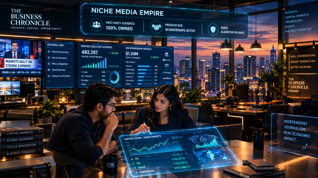 Sleek digital newsroom studio with editorial displays tracking executive audience engagement, high B2B CPMs, and direct subscriber networks