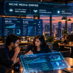 Sleek digital newsroom studio with editorial displays tracking executive audience engagement, high B2B CPMs, and direct subscriber networks