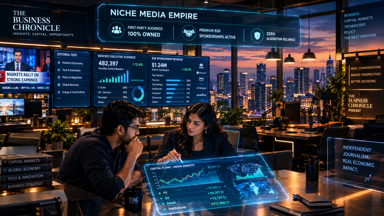 Sleek digital newsroom studio with editorial displays tracking executive audience engagement, high B2B CPMs, and direct subscriber networks