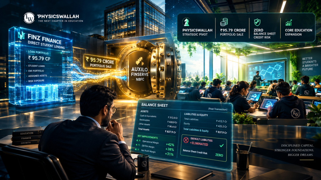 Digital balance sheet shedding loan assets into an institutional NBFC vault, pivoting focus back to student education classrooms