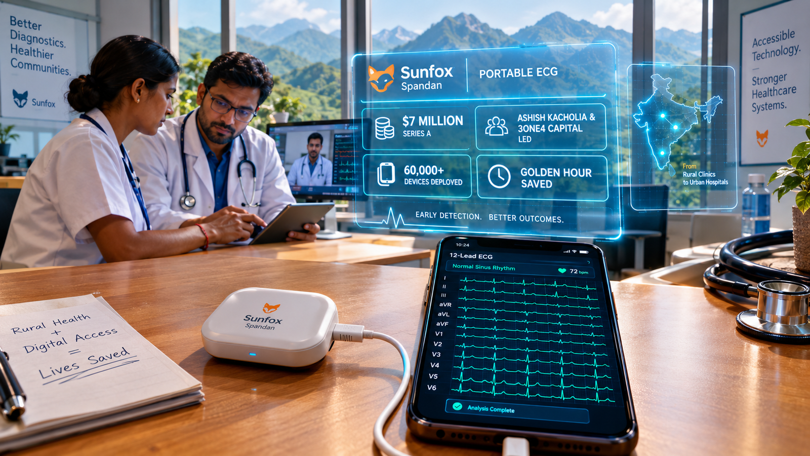Pocket-sized Sunfox portable ECG device connected to a smartphone showing clinical-grade cardiac waveforms in a modern healthcare clinic