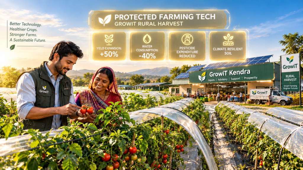 Lush Indian agricultural field sheltered beneath protective crop covers showing protected farming tech yield metrics