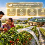 Lush Indian agricultural field sheltered beneath protective crop covers showing protected farming tech yield metrics