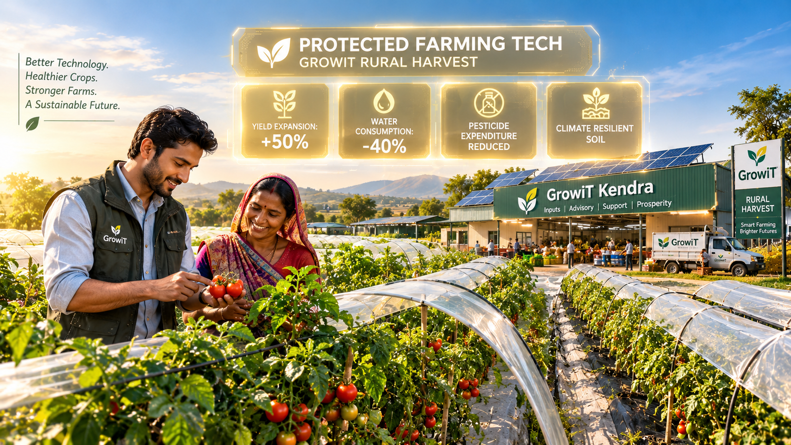 Lush Indian agricultural field sheltered beneath protective crop covers showing protected farming tech yield metrics