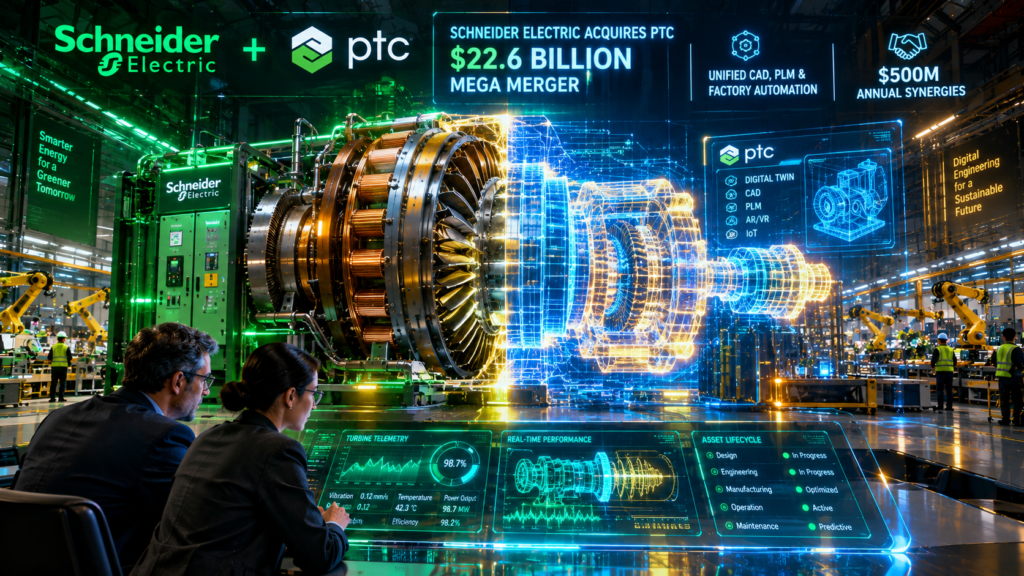 Futuristic digital twin of a manufacturing turbine fusing physical electrical circuits with glowing software CAD models