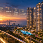 Architectural rendering of Sunteck Realty Borivali luxury residential towers with lush landscaped podium parks at sunset