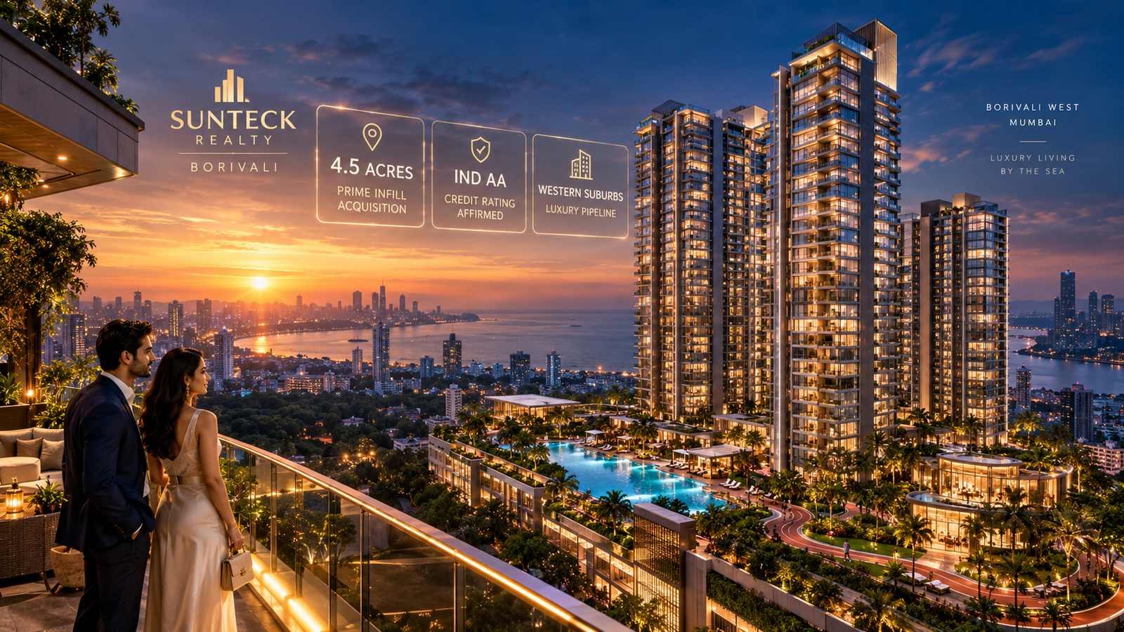 Architectural rendering of Sunteck Realty Borivali luxury residential towers with lush landscaped podium parks at sunset