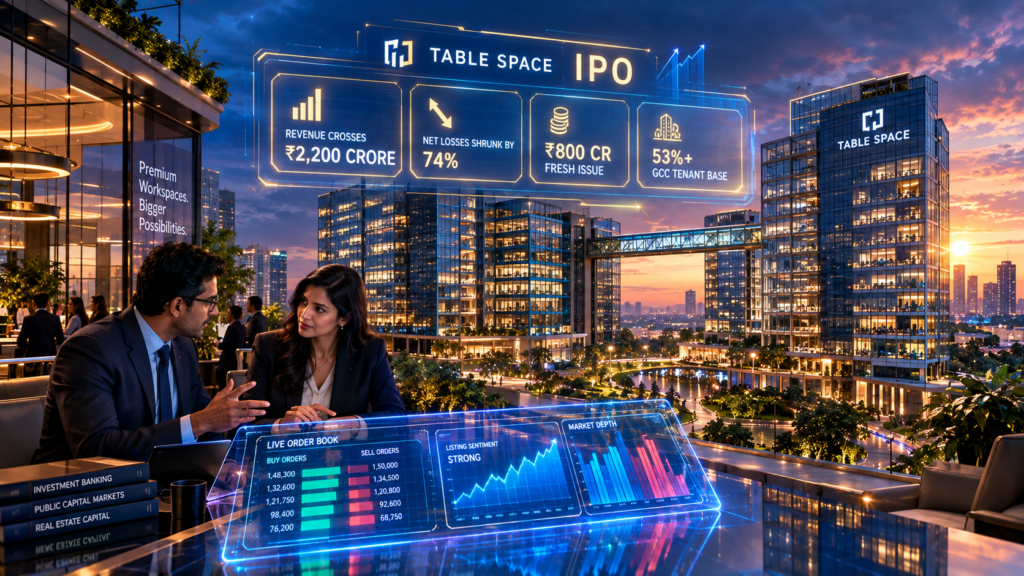 Enterprise managed office skyscraper showing Table Space IPO financial order book tickers in corporate gold and blue