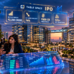 Enterprise managed office skyscraper showing Table Space IPO financial order book tickers in corporate gold and blue