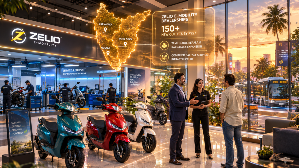 Sleek modern electric scooter showroom showing Zelio E-Mobility dealerships analytics across Tamil Nadu, Kerala, and Karnataka