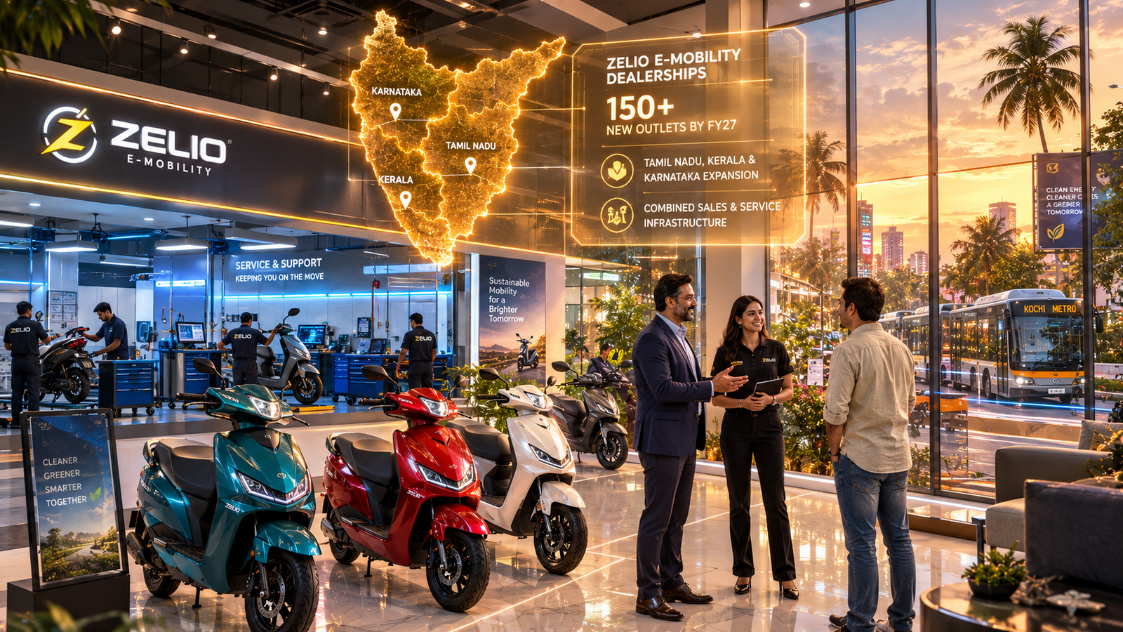 Sleek modern electric scooter showroom showing Zelio E-Mobility dealerships analytics across Tamil Nadu, Kerala, and Karnataka